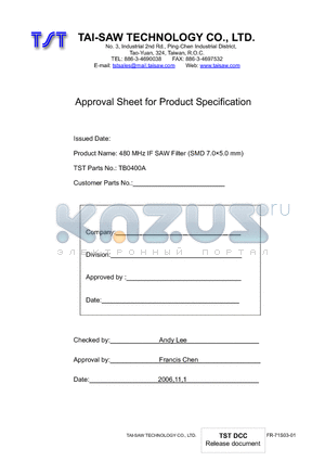 TB0400A datasheet - 480 MHz IF SAW Filter (SMD 7.05.0 mm)