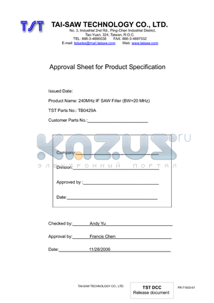 TB0429A datasheet - 240MHz IF SAW Filter (BW=20 MHz)