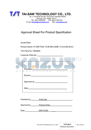 TB0466A datasheet - IF SAW Filter 72.96 MHz (SMD 13.3mmX6.5mm)