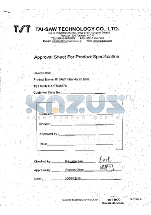 TB0487A datasheet - IF SAW Filter 45.75MHz(BW=3.6MHz)