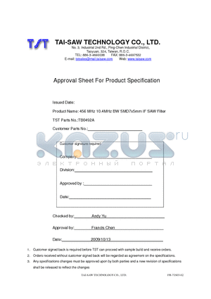 TB0492A datasheet - 456 MHz 10.4MHz BW SMD7x5mm IF SAW Filter