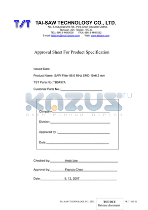 TB0497A datasheet - SAW Filter 86.6 MHz SMD 19x6.5 mm