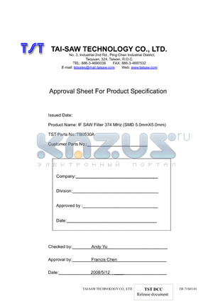 TB0530A datasheet - IF SAW Filter 374 MHz (SMD 5.0mmX5.0mm)