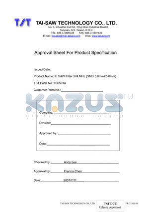 TB0501A datasheet - IF SAW Filter 374 MHz (SMD 5.0mmX5.0mm)