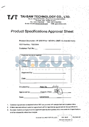 TB0559A datasheet - IF SAW Filter 140 MHz SMD 13.3mmX6.5mm