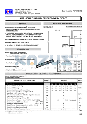 RGP100 datasheet - 1 AMP HIGH RELIABILITY FAST RECOVERY DIODES