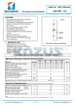 RGP02-20E datasheet - Glass Passivated JunctionFast Switching Rectifier