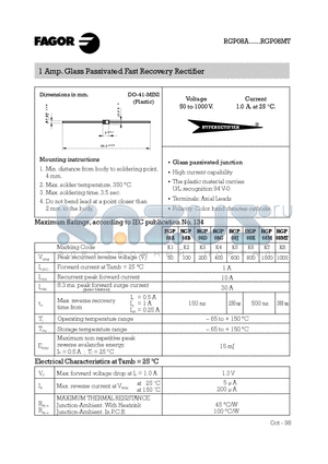 RGP08B datasheet - 1 Amp. Glass Passivated Fast Recovery Rectifier