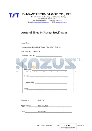 TB0587A datasheet - 288MHz IF SAW Filter (BW=5 MHz)