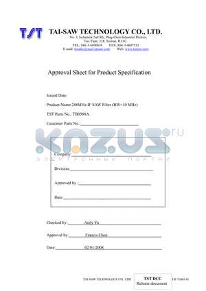 TB0588A datasheet - 288MHz IF SAW Filter (BW=10 MHz)