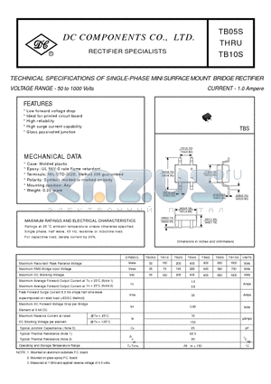 TB05S datasheet - TECHNICAL SPECIFICATIONS OF SINGLE-PHASE MINI SURFACE MOUNT BRIDGE RECTIFIER VOLTAGE RANGE - 50 to 1000 Volts