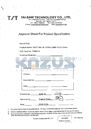 TB0601A datasheet - IF SAW Filter 36.125MHz SMD 10.8X3.8mm