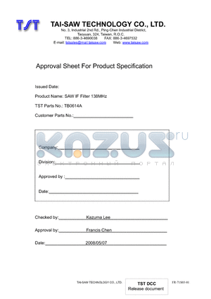 TB0614A datasheet - SAW IF Filter 138MHz