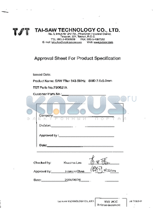 TB0621A datasheet - SAW Filter 343.5 MHz SMD 5.0mmX7.0mm