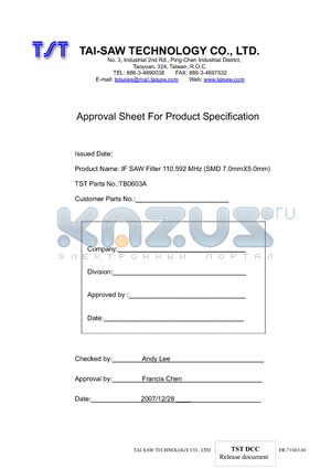 TB0603A datasheet - IF SAW Filter 110.592 MHz (SMD 7.0mmX5.0mm)