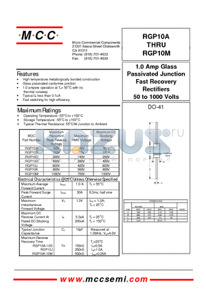 RGP10B datasheet - 1.0 Amp Glass Passivated Junction Fast Recovery Rectifiers 50 to 1000 Volts