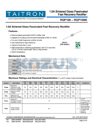 RGP10B datasheet - 1.0A Sintered Glass Passivated Fast Recovery Rectifier