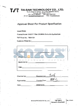 TB0612A datasheet - IF SAW Filter 38.9 MHz