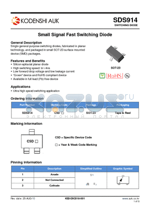 SDS914 datasheet - Small Signal Fast Switching Diode