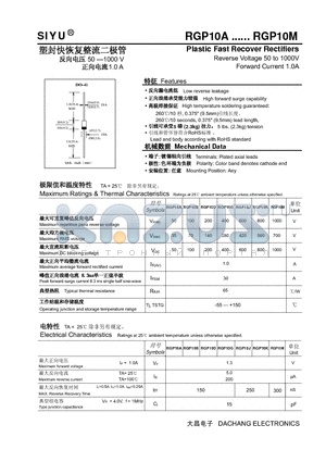 RGP10B datasheet - Plastic Fast Recover Rectifiers Reverse Voltage 50 to 1000V Forward Current 1.0A