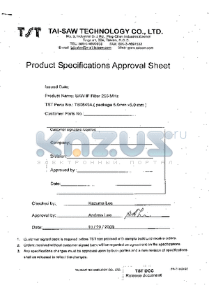 TB0649A datasheet - SAW Filter 255MHz 90 MHz BW (SMD 55 mm)