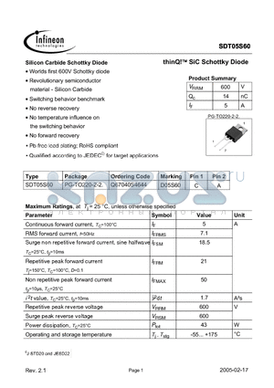 SDT05S60 datasheet - Silicon Carbide Schottky Diode