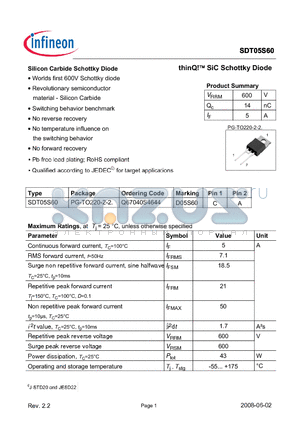 SDT05S60_08 datasheet - Silicon Carbide Schottky Diode