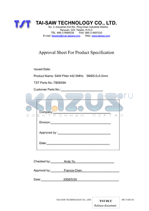 TB0658A datasheet - SAW Filter 442.5MHz SMD5.05.0mm