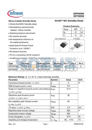 SDT06S60 datasheet - Silicon Carbide Schottky Diode