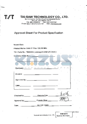 TB0682A datasheet - IF SAW Filter 130.06MHz(BW=160KHz) SMD 5.0X7.0mm