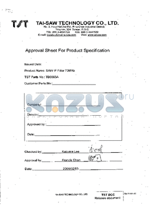 TB0693A datasheet - SAW Filter 70MHz 0.8MHz BW (SMD 13.36.5 mm)