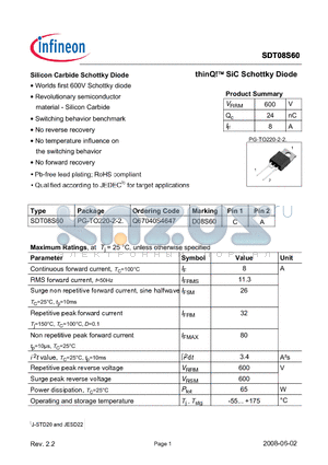 SDT08S60_08 datasheet - Silicon Carbide Schottky Diode