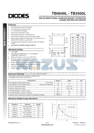 TB0720L datasheet - 30A BI-DIRECTIONAL SURFACE MOUNT THYRISTOR SURGE PROTECTIVE DEVICE