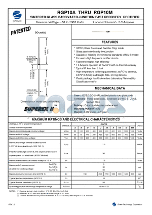 RGP10G datasheet - SINTERED GLASS PASSIVATED JUNCTION FAST RECOVERY RECTIFIER