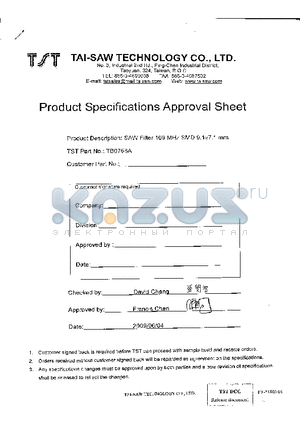 TB0768A datasheet - SAW Filter 109 MHz