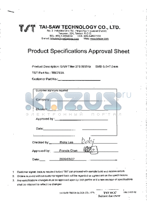 TB0786A datasheet - IF SAW Filter 279.88MHz(BW=7MHz) SMD 5X7mm