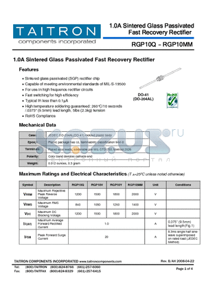 RGP10Q datasheet - 1.0A Sintered Glass Passivated Fast Recovery Rectifier