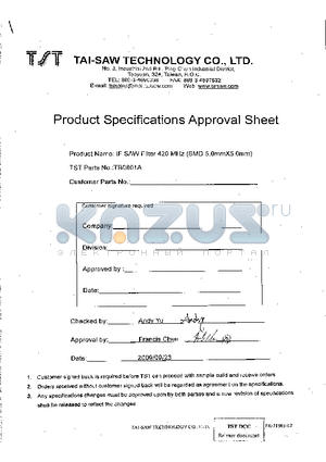 TB0801A datasheet - IF SAW Filter 420 MHz SMD 5.0mmX5.0mm