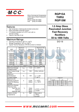 RGP15A datasheet - 1.5 Amp Glass Passivated Junction Fast Recovery Rectifiers 50 to 1000 Volts