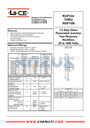 RGP15A datasheet - 1.5Amp glass passivated junction fast recovery rectifiers 50to1000 volts