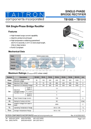 TB1005 datasheet - 10A Single-Phase Bridge Rectifier