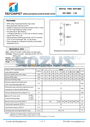 RGP15A datasheet - SINTERED GLASS PASSIVATED JUNCTION FAST RECOVERY RECTIFIER