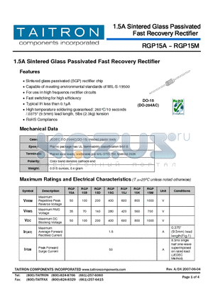 RGP15B datasheet - 1.5A Sintered Glass Passivated Fast Recovery Rectifier