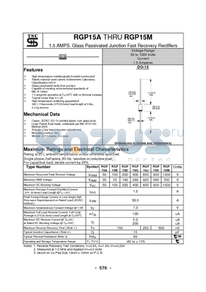 RGP15B datasheet - 1.5 AMPS. Glass Passivated Junction Fast Recovery Rectifiers