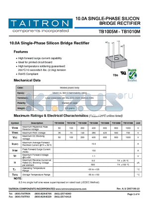 TB106M datasheet - 10.0A Single-Phase Silicon Bridge Rectifier