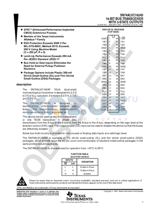 SN74ALVC16245 datasheet - 16-BIT BUS TRANSCEIVER WITH 3-STATE OUTPUTS