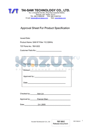 TB112EE datasheet - SAW IF Filter 112.32MHz