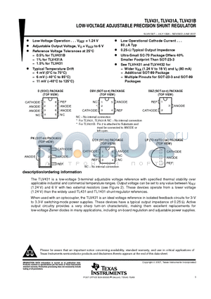 TLV431BILPRE3 datasheet - LOW-VOLTAGE ADJUSTABLE PRECISION SHUNT REGULATOR