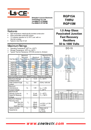 RGP15J datasheet - 1.5Amp glass passivated junction fast recovery rectifiers 50to1000 volts