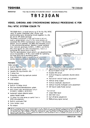 TB1230AN datasheet - VIDEO, CHROMA AND SYNCHRONIZING SIGNALS PROCESSING IC FOR PAL/NTSC SYSTEM COLOR TV